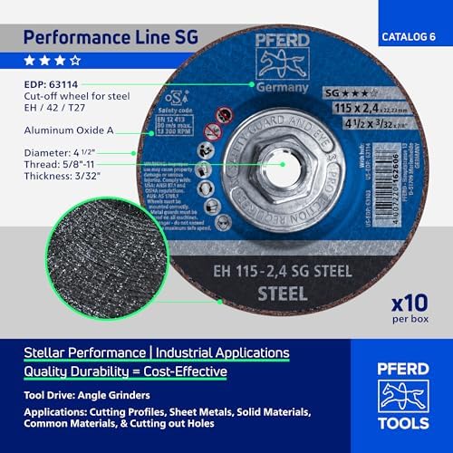 PFERD SG Steel Type 27 Cut-Off Wheel, 4-1/2" x 3/32" x 5/8"-11, Aluminum Oxide, 13,300 RPM – High-Performance Metal Cutting Disc for Steel & Stainless Steel (Pack of 10) – Part 63114