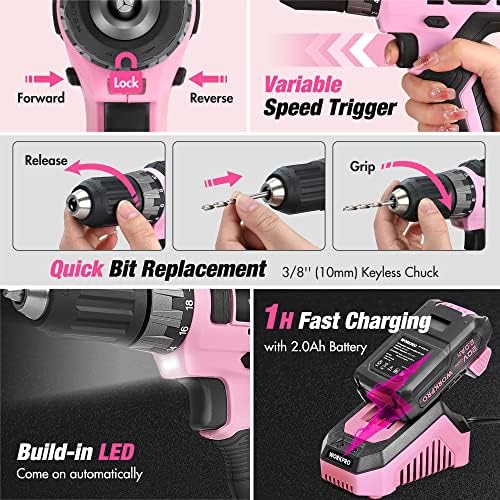 WORKPRO 20V Cordless Pink Drill Set for Women, Pink Tool Set with Bag