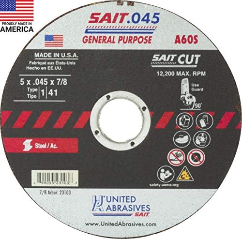 United Abrasives-SAIT 23103 A60S General Purpose Cut-Off Wheels (Type 1/Type 41 Flat) 5" x .045" x 7/8", 50-Pack