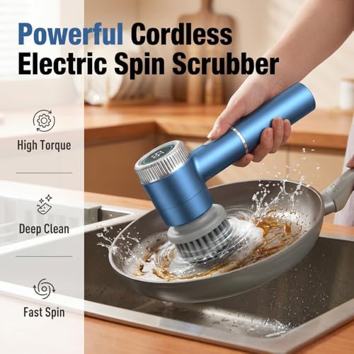 Electric Spin Scrubber, Cordless Shower Scrubber with Digital Display, 3 Speed Power Cleaning Brush with 5 Replaceable Heads, Ideal for Bathroom Tile Tub Sink Floor (White-2PCS)