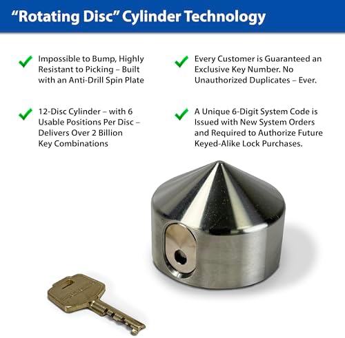 PACLOCK's 9-Series Patented Cone Puck w/Tapped Holes, High Security Rotating Disc, Manufacturer-Controlled Key Assigning, Exclusive Key Number, Keyed Differently w/ 1 Key, Blue