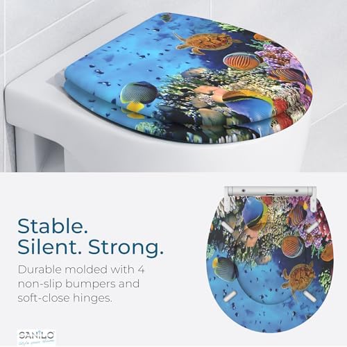 Sanilo Wooden Toilet Seat with Quick Release & Soft Close [ROUND] - Decorative & Slow Close Molded Wood Seat - With One Click for Easy Installation & Cleaning - With Adjustable Fit (Ocean)