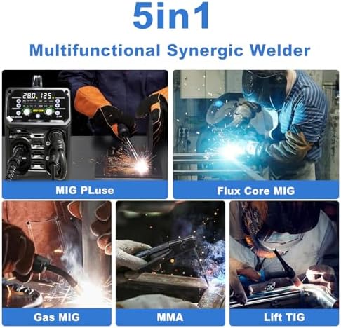 250A Aluminum Pulsed MIG Welder,5 in 1 Welder Machine Pulse MIG/Gas MIG/Gasless Flux Core MIG/Stick/Lift TIG/110v/220v Dual Voltage Large LED Display with 2T/4T Synergic Multiprocess Welding Machine