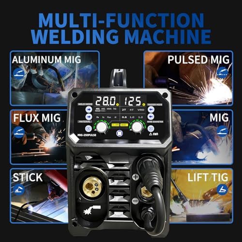 Aluminum MIG Welder with Pulse 250A 5 in 1 110V/220V Dual Voltage with 2T/4T Synergic Multifunctional Welding Machine Pulsed MIG/Gas MIG/Flux Core//Stick/Lift TIG Large LED Display Wire Feed Welder