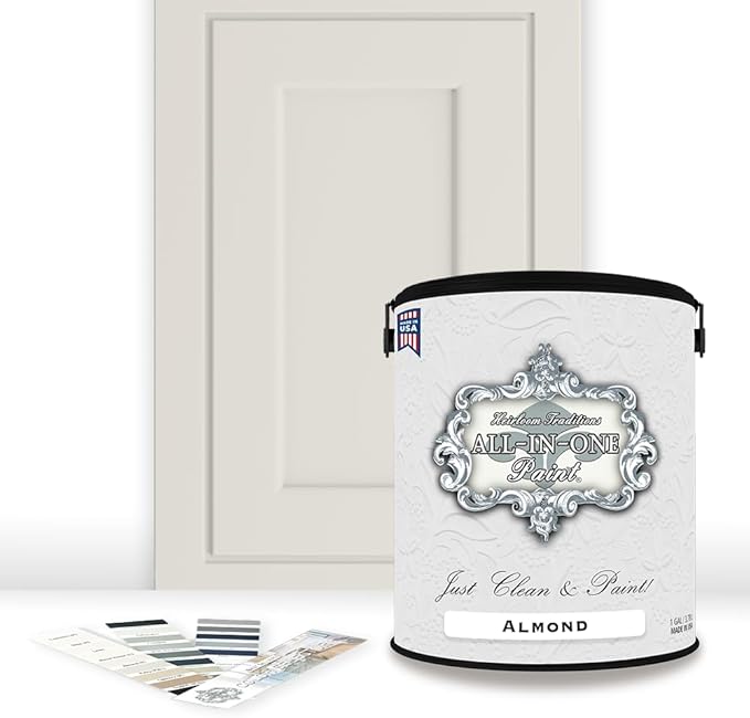 ALL-IN-ONE Paint by Heirloom Traditions, Almond (Neutral White), Gallon - Durable cabinet and furniture paint. Built in primer and top coat, no sanding needed. Includes our 30 featured color card.