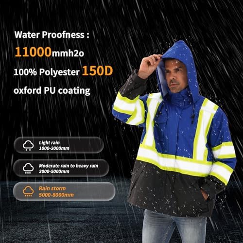Reflective Rain jackets for men waterproof,Hi Vis Safety Coat With Reflective Strips，High Visibility Class 3 Rain jackets With 2 large pockets,Zipper,Blue,4XL/5XL