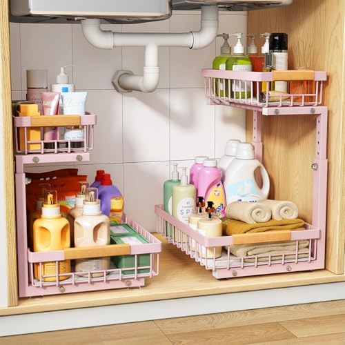 PXRACK Under Sink Organizer, Adjustable Height, 2 Tier Pull Out Under Cabinet Organizer, Slide Out Thickened Metal Under Sink Storage for Kitchen Bathroom Laundry Pantry Cabinet, Pink, Large-2-Pack