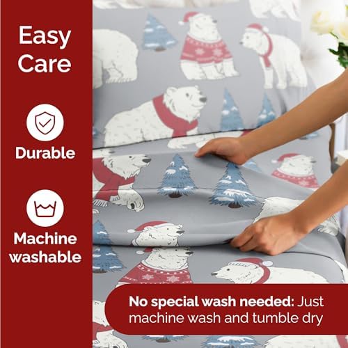 Christmas Sheet Set, Santa Bears, Holiday Xmas Bedding Set - Full Size