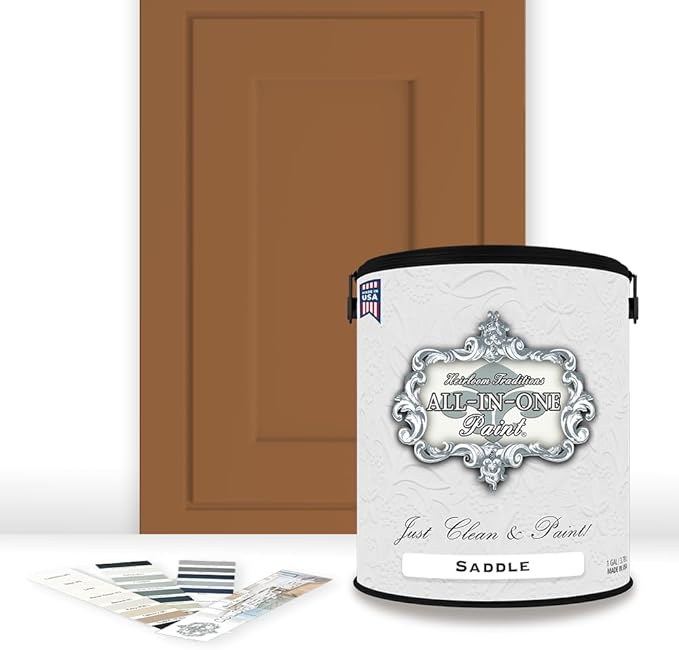 ALL-IN-ONE Paint by Heirloom Traditions, Saddle (Caramel Brown), Gallon - Durable cabinet and furniture paint. Built in primer and top coat, no sanding needed. Includes our 30 featured color card.