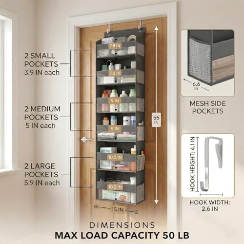 HOMELUX THEORY Over the Door Organizer, 6-Tier, 100D Fabric, Dark Gray 1pc