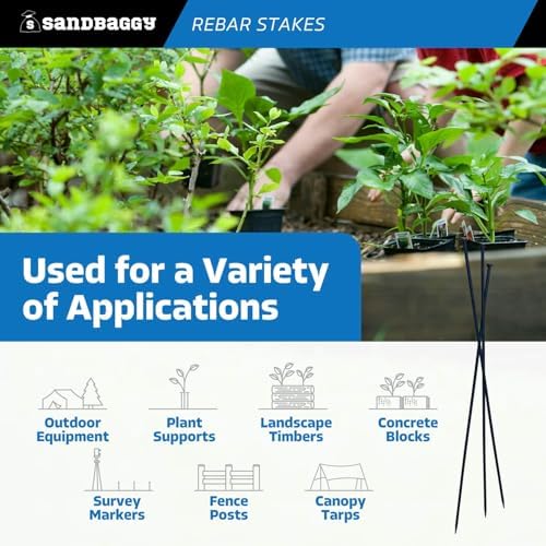 Sandbaggy 48" Steel Rebar Stakes with Nail Head - Garden Stakes (#4 Rebar - 1/2" Diameter) - l-Shape - Ground Stake, Pins, Landscaping Spikes, Construction (10, Count)