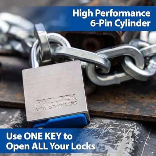 PACLOCK's 4-Series Padlock, UCS, 7/16" Diameter Hard. Stainless Steel Shackle, 2-1/2" Tall, 304 Stainless Steel, High Performance 6-Pin Cylinder, Keyed Differently w/ 2 Keys