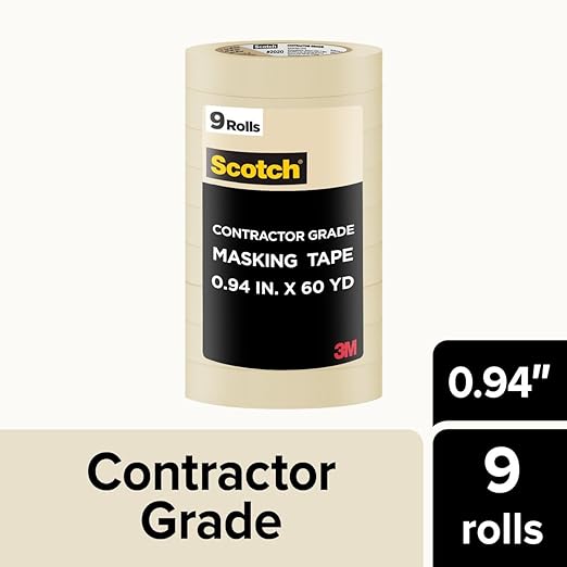 3M Scotch Contractor Grade Masking Tape – 0.94" x 60 yds – Tan – 4 Contractor Packs of 9 Rolls Each – Durable Vinyl Tape for Versatile Indoor and Outdoor Use