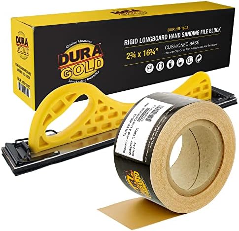 Dura-Gold Pro Series Longboard Hand Sanding File Sander Block - Hook & Loop Backing and PSA Adapter Pad & 400 Grit PSA Longboard Sandpaper 12 Yard Roll, 2-3/4" Wide