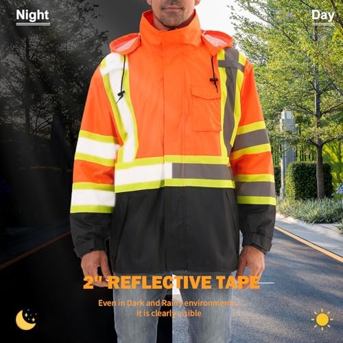 Reflective Rain jackets for men waterproof,Hi Vis Safety Coat With Reflective Strips，High Visibility Class 3 Rain jackets With 2 large pockets，Zipper,Orange,LG/XL