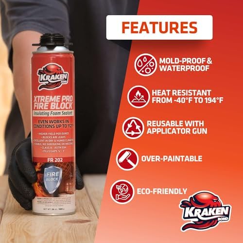 Kraken Bond Xtreme Pro Fire Block Expanding Foam Sealant (1x24oz), Professional Polyurethane Insulating Foam with Fire Block Technology, High Heat Resistant and Waterproof, Gun Included – 1 Pack