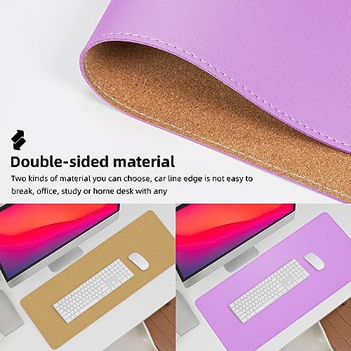 AFIING Leather Desk Pad Protector, Large Desk Mat with Natural Cork & PU Leather, Mouse Pad, Non-Slip, Waterproof Desk Writing Pad for Office and Home, Purple