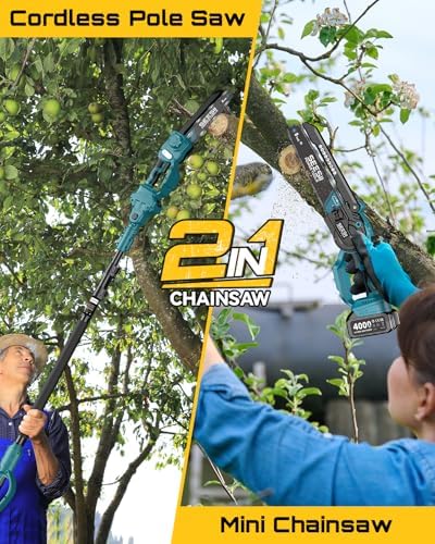 SEESII 2-in-1 Cordless 8 Inch Pole Saw & Mini Chainsaw, 2×4.0Ah Batteries