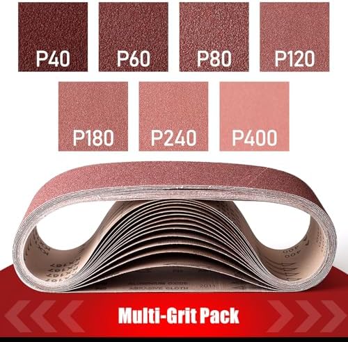 BOSHCRAFT 3x21 Sanding Belts, 21 Pack Belt Sander Paper 40/60/80/120/180/240/400 Grit Assortment Aluminum Oxide Sanding Belts for Wood Metal Polishing Knife Sharpening