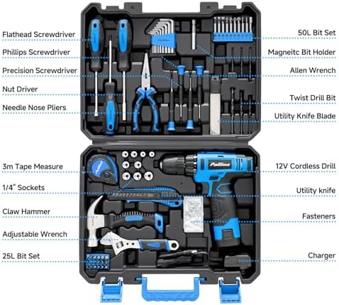 PULITUO Tool Set, 148-Piece Home Drill Set with 12V Blue Cordless Drill, Hand tool Kits, and Box, Suitable for Men, Women, and DIY Enthusiasts for Home Improvement.