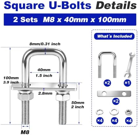 2 Pcs Heavy Duty M8 Square U Bolts Kit, 1.5 Inch Wide 304 Stainless Steel U-Bolt with Frame Plates and Washers, Marine Grade U Bolt M8 x 40mm W x 100mm L Trailer Axle Clamp