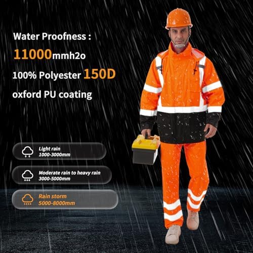 Hi Vis Safety rain Jacket，Reflective Class 3 Rain coat with Inner Mesh Lining and Pockets High Visibility Waterproof work Rain Suits for men&women（Tangerine,4XL/5XL）