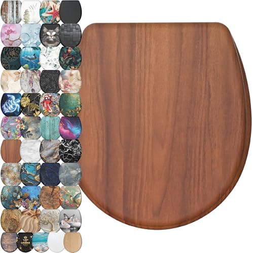 Sanilo Wooden Toilet Seat with Quick Release & Soft Close [ROUND] - Decorative & Slow Close Molded Wood Seat - With One Click for Easy Installation & Cleaning - With Adjustable Fit (Mahogany)