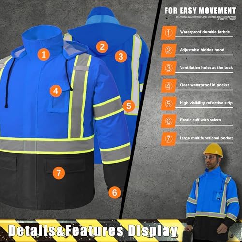 Hi Vis Safety Rain Jacket for Men Women Waterproof Breathable Rain Gears with Mesh Lining Black Bottom Lightweight Work Jacket Blue L/XL