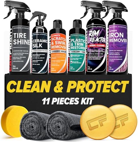 Carfidant Ultimate Clean & Protect Kit – 11-Piece Complete Car Detailing Bundle – Tire Shine, Ceramic Silk, Scratch & Swirl Remover, Plastic & Trim Restorer, Rim Reactor, Iron Remover
