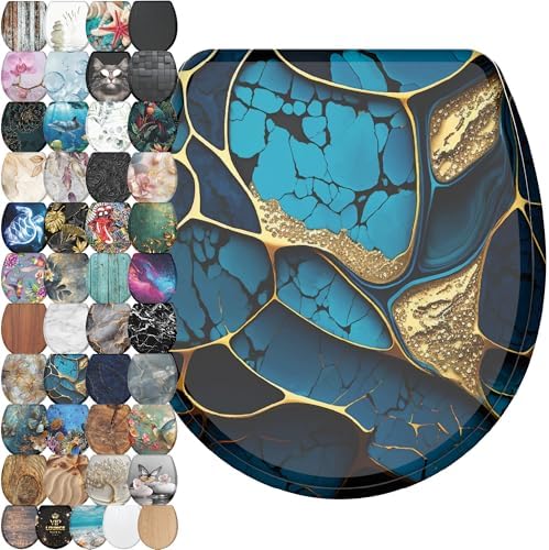 Sanilo Wooden Toilet Seat with Quick Release & Soft Close [ROUND] - Decorative & Slow Close Molded Wood Seat - With One Click for Easy Installation & Cleaning - With Adjustable Fit (Marble Cobalt)