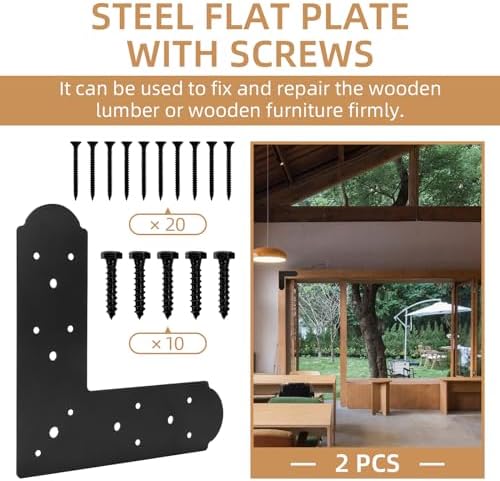 L Shape Steel Flat Bracket, 2 Pcs 10" X 10" Fixing Mending Plates, Black Repair Plate With Screws Set for Wood Lumber Timber Connectors