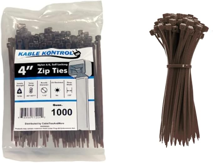 Kable Kontrol Cable Zip Ties, 4 Inch, 1000 Pcs, 18lbs Test, Brown | Nylon Plastic, Self Locking, UL Listed, Indoor Use