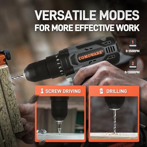 COMOWARE Cordless Drill Set, 20V Electric Power Drill Set,1 Battery & Charger, 3/8" Keyless Chuck, 2 Variable Speed, 266 In-lb Torque, 25+1 Position, Orange