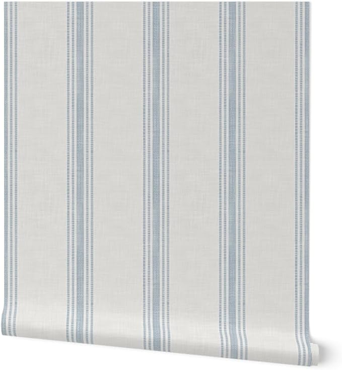 Spoonflower Blue Ticking Stripe Peel and Stick Wallpaper | Roll 24" x 36" | Neutral Cottage Simple Traditional | Self-adhesive, removable and renter-friendly