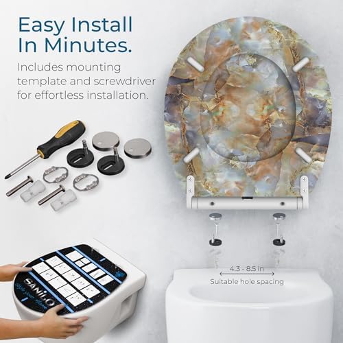 Sanilo Wooden Toilet Seat with Quick Release & Soft Close [ROUND] - Decorative & Slow Close Molded Wood Seat - With One Click for Easy Installation & Cleaning - With Adjustable Fit (Marble Brown)