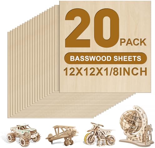 20 Pack Basswood Sheets 1/8x12x12 Inch 3mm Basswood for Laser Cutting, Drawing,Wood Burning, Architectural Models.Plywood Sheets Unfinished Wood Sheets for DIY Crafts.