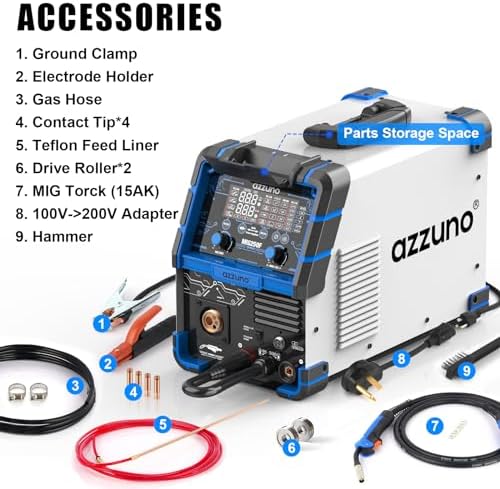 AZZUNO 250A Aluminum MIG Welder, 110V/220V 6 in 1 Gas/Gasless MIG