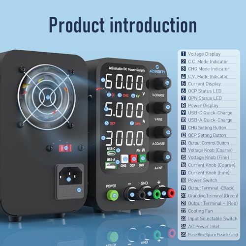 DC Power Supply Variable, 0-60V 0-5A Switching Bench Power Supply with Intelligent Charging Mode, 20W USB & Type-C Quick-Charge, Encoder Knob, Output Switch, 4-Digit LED Display - SPS-6005C