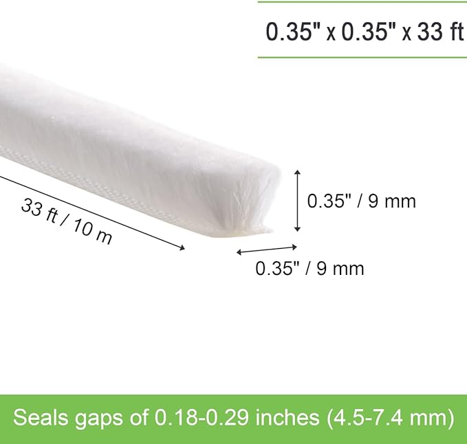 Self-Adhesive Weather Stripping Seal for Doors & Windows – Soundproof Insulation Gap Filler for Sliding, Exterior, Front, and Jamb Frames – 0.35" x 0.35" x 33 ft, White