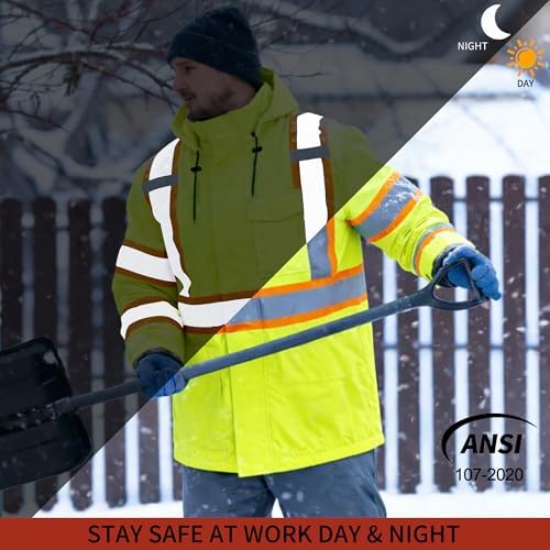 FATONE Hi Vis Rain Jacket for Men Lightweight Reflective Safety Rain Gear Waterproof with Hood, Class 3 Work Raincoat ANSI/ISEA Tested Yellow 4XL/5XL