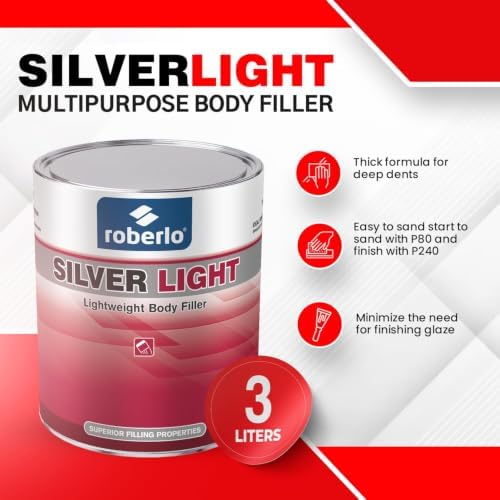 Roberlo Silver Light Multipurpose Body Filler - Superior Filling Properties, Easy Sanding, Great Adhesion to All Metal, Tack & Stain Free, Saves Time & Labor, Ideal for Heavy Fill Jobs, Smooth Texture