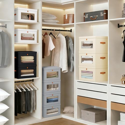 DIMJ Storage Bins with Lids - 5 Pack Large Fabric Closet Organizer with Window & Handles, Collapsible Decorative Storage Boxes for Shelves Under Bed, Books Clothes Blankets Sweaters Organization
