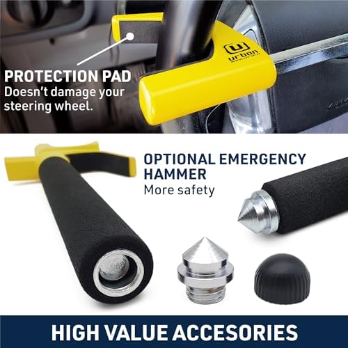 Urban UR959Y High Security Steering Wheel Lock, Most Visible Yellow Steel Double Hook, Automatic Locking, Protective Pads Optional Safety Hammer, Universal Car Anti-Theft Device for Auto SUV Van Truck