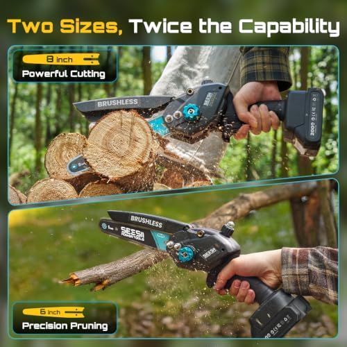 Mini Chainsaw Cordless 8 inch: Electric Chainsaw Battery Powered, Brushless Chain Saw with Auto Oiler, 2pcs Battery, Handheld Saw for Tree Branch Wood Cutting,Gardening Tools for Men Dad Husband