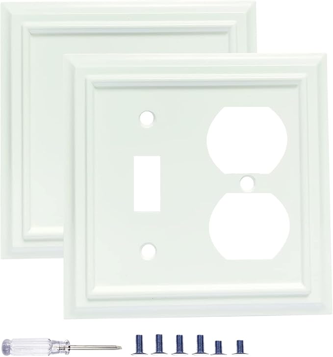 Wall Plates,Toggle Light Switch Plates/Duplex Receptacle Outlet Cover Combination, Bamboo Fiber Material Wall Plate, Standard Size Wall Plates of various styles, White (2 Gang Toggle/Duplex 2 Pack)