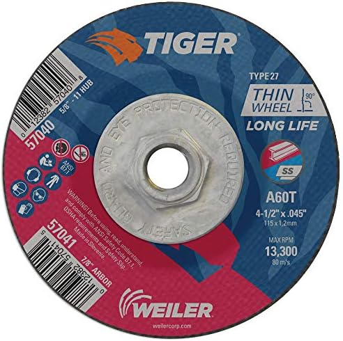 Weiler 57040 4-1/2 Inch Cutting Wheel, Tiger AO Steel/Metal Long Life Performance Cutting, .045" A60T Type 27 5/8"-11 Hub, Pack of 10