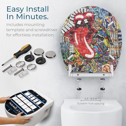 Sanilo Wooden Toilet Seat with Quick Release & Soft Close [ROUND] - Decorative & Slow Close Molded Wood Seat - With One Click for Easy Installation & Cleaning - With Adjustable Fit (Graffiti)