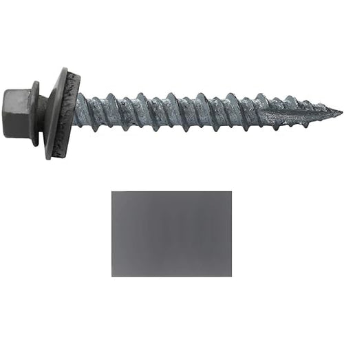10 x 1-1/2" Charcoal Metal Roofing Screws - Hex Washer Head- Self-Starting/Tapping - EPDM Washer. 1 x 250 Count Bag - 250 Screws