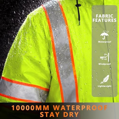 FATONE Hi Vis Rain Jacket for Men Lightweight Reflective Safety Rain Gear Waterproof with Hood, Class 3 Work Raincoat ANSI/ISEA Tested Yellow L/XL