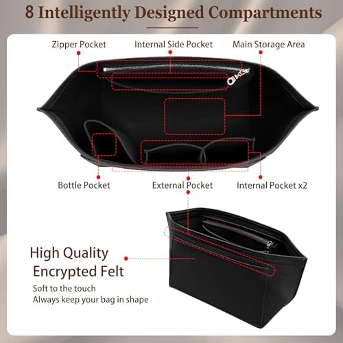 Doxo Purse Organizer Insert for Longchamp Le Pliage Tote, Large Bag Organizer with YKK Zipper Pocket & Cup Holder, Handbag Shaper for Women, Fits Original/Green/Energy L Tote, Black-WL